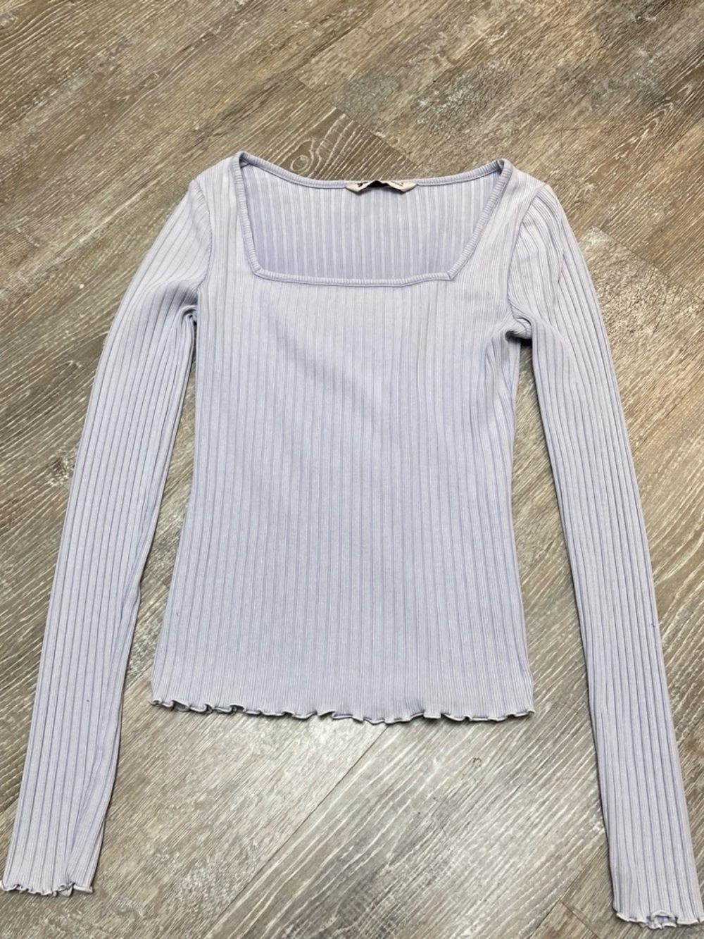 Ribbed Square Neck Long Sleeve Top - Light Blue